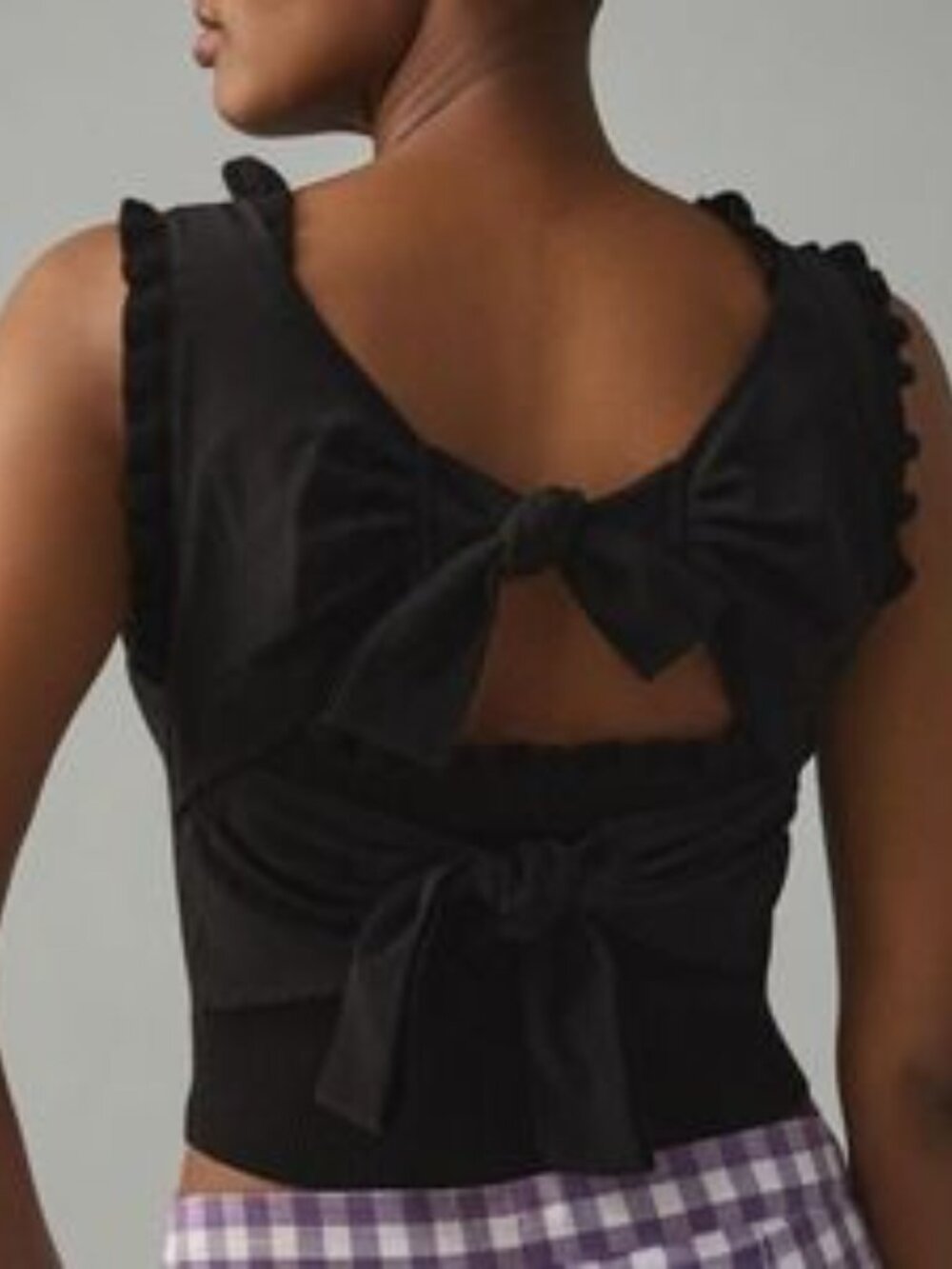 Anthropologie Womens Bow Back Ruffle Sweater Tank Top Sz L Coquette Square Neck